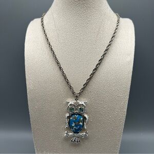 Large Owl Pendant Necklace, Silver Tone